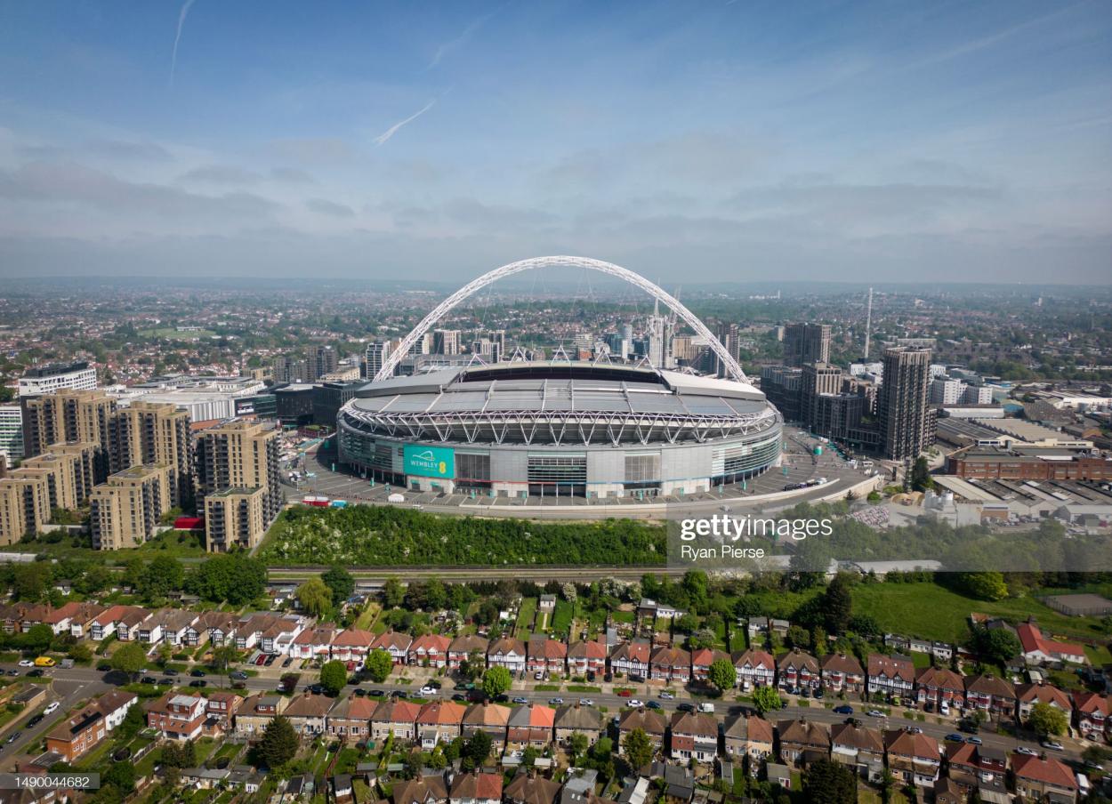 An aerial view of Wembley Stadium ahead of the Vitality Women's FA Cup Final between Chelsea FC and Manchester United at Wembley Stadium on May 14, 2023 in London, England. (Photo by Ryan Pierse/Getty Images)