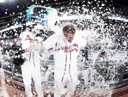 Adams has provided the Braves with key offense so far, such as a walk-off single and his first career grand slam. (Photo courtesy of Scott Cunningham / Stringer via Getty Images)