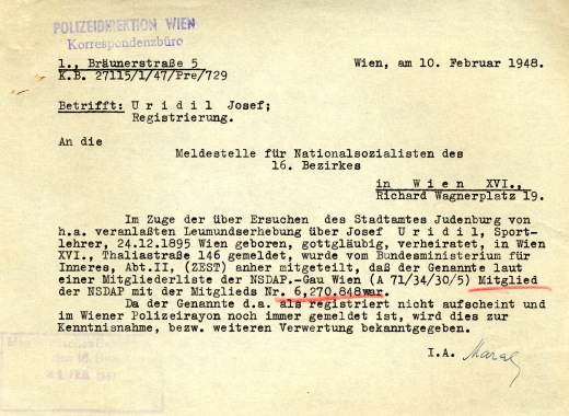 A statement from Uridil, written in 1948, admitting his Nazi party membership | Photo: wien.got.at