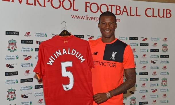 Wijnaldum will wear the No.5 shirt at Liverpool. (Picture: Liverpool FC via Getty Images)