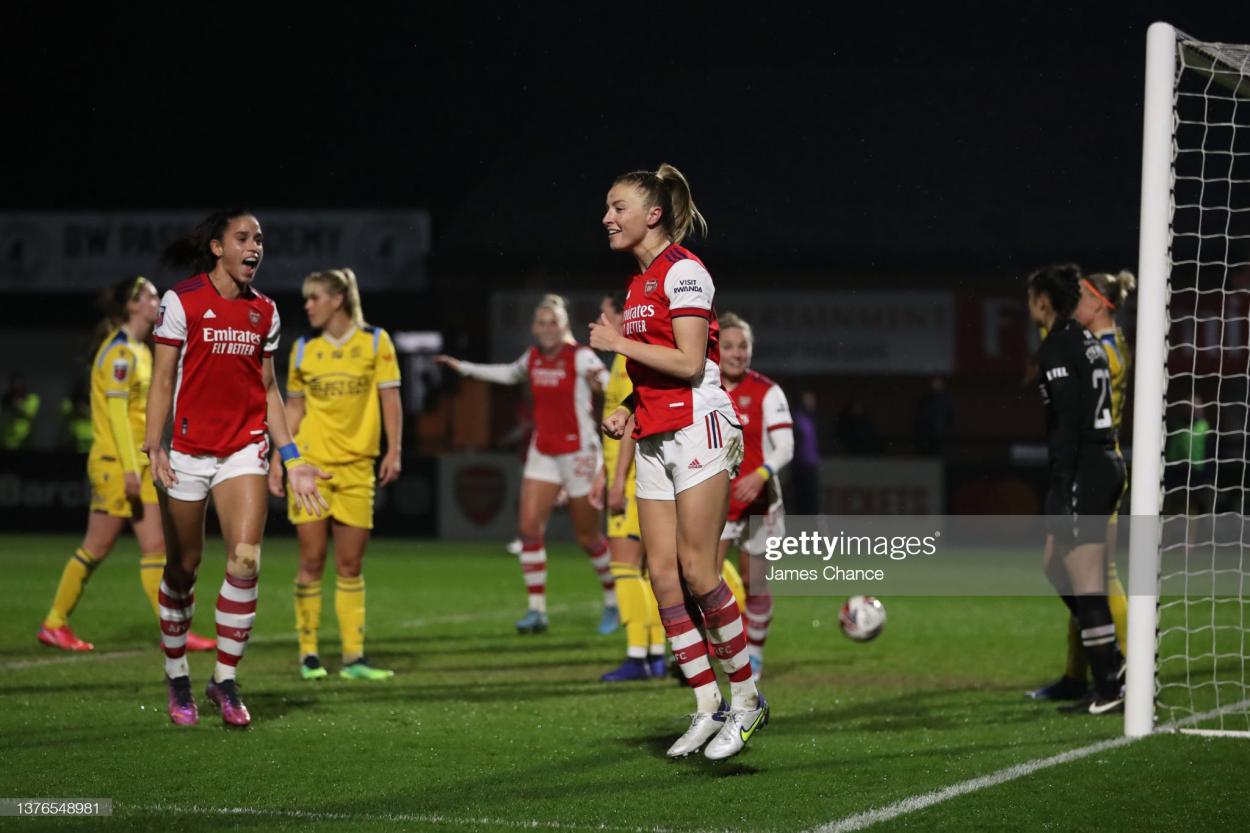 Leah Williamson of Arsenal celebrates after scoring their team's third goal between Arsenal Women and Reading Women at Meadow Park. (Photo by James Chance/Getty Images)