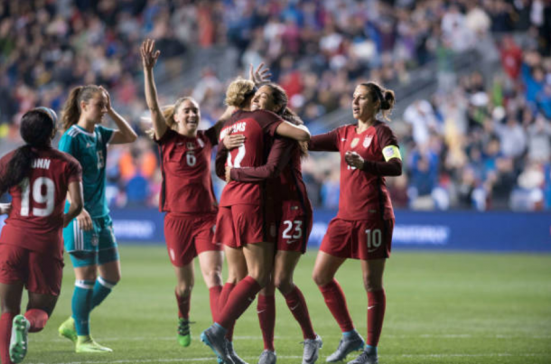 Forwards Lynn Williams (12) and Crystal Dunn (19), shown here in a 1-0 win over Germany at the 2017 SheBelieves Cup, will miss the first part of the preseason while playing in the 2018 tournament. | Photo: Kyle Ross - Icon Sportswire via Getty Images