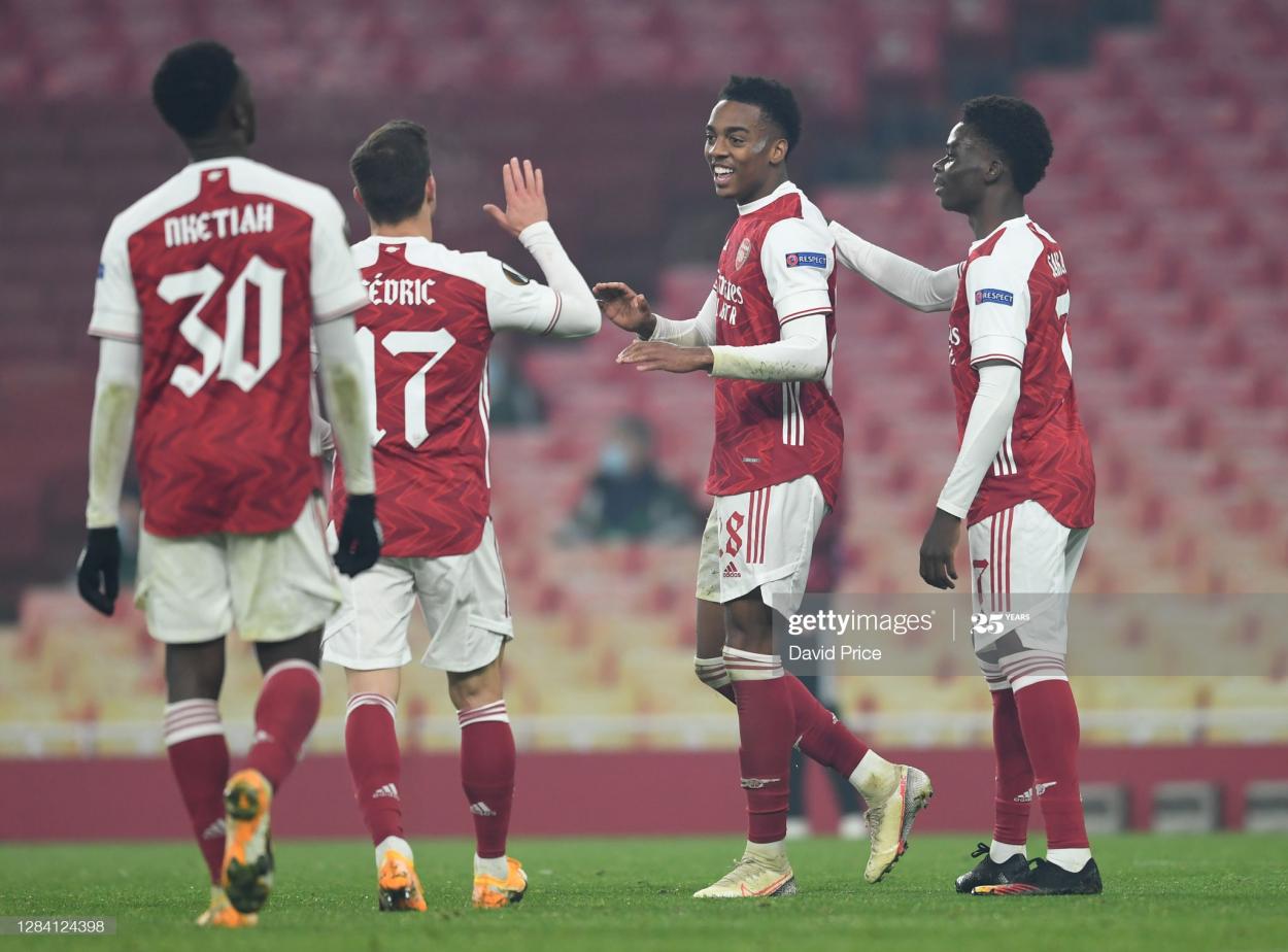 Joe Willock celebrates after his goal against Molde on Thursday (Photo by David Price via Getty Images)