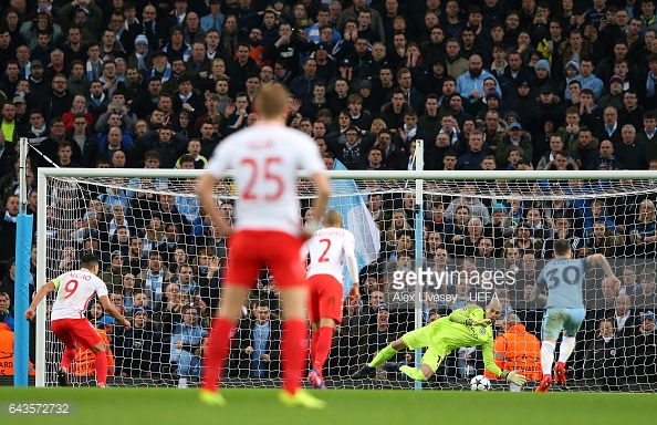 Willy Caballero saves a penalty from former Chelsea striker Radamel Falcao in last season's Champions League Round of 16. (Source: Alex Livesey/UEFA)