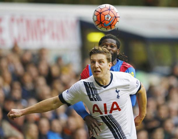 Wimmer battles for a header against Emmanuel Adebayor last term (photo; Getty)