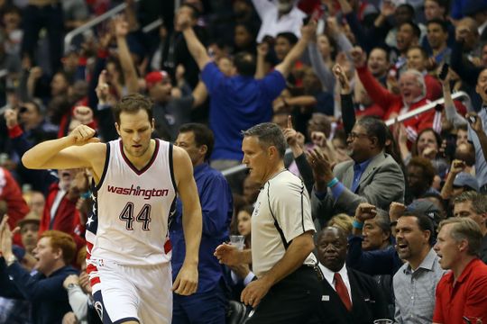 Washington Wizards guard Bojan Bogdanovic (44) reacts after making a three-point shot. Photo by:Geoff Burke-USA TODAY Sports