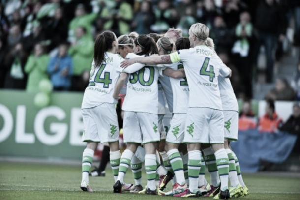 Wolfsburg celebrate during their emphatic win last week. (Photo: UEFA)