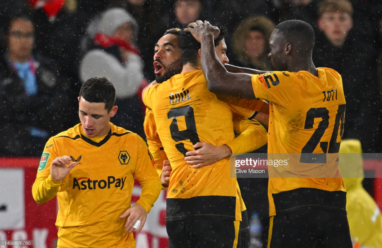 Wolves celebrating the equaliser (Photo by Clive Mason/Getty Images)
