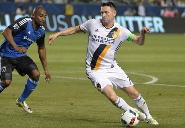 LA Galaxy's Robbie Keane running with the ball on Sunday against the StubHub Center. Photo provided by USA TODAY Sports.
