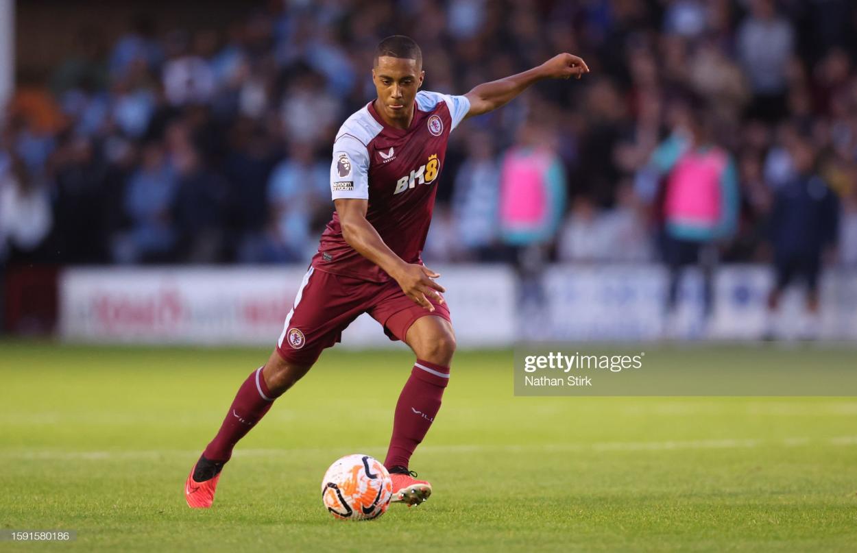 Youri Tielemans of <strong><a  data-cke-saved-href='https://www.vavel.com/en/football/2023/01/10/aston-villa/1134138-four-things-we-learnt-as-stevenage-completed-an-unthinkable-comeback-at-villa-park.html' href='https://www.vavel.com/en/football/2023/01/10/aston-villa/1134138-four-things-we-learnt-as-stevenage-completed-an-unthinkable-comeback-at-villa-park.html'>Aston Villa</a></strong> during the pre-season friendly match between <strong><a  data-cke-saved-href='https://www.vavel.com/en/football/2023/01/10/aston-villa/1134138-four-things-we-learnt-as-stevenage-completed-an-unthinkable-comeback-at-villa-park.html' href='https://www.vavel.com/en/football/2023/01/10/aston-villa/1134138-four-things-we-learnt-as-stevenage-completed-an-unthinkable-comeback-at-villa-park.html'>Aston Villa</a></strong> and SS Lazio during the pre-season friendly match between <strong><a  data-cke-saved-href='https://www.vavel.com/en/football/2023/01/09/aston-villa/1134047-im-very-upset-unai-emery-reacts-to-stevenage-shock.html' href='https://www.vavel.com/en/football/2023/01/09/aston-villa/1134047-im-very-upset-unai-emery-reacts-to-stevenage-shock.html'>Aston Villa</a></strong> and SS Lazio at Poundland Bescot Stadium on August 03, 2023 in Walsall, England. (Photo by Nathan Stirk/Getty Images)