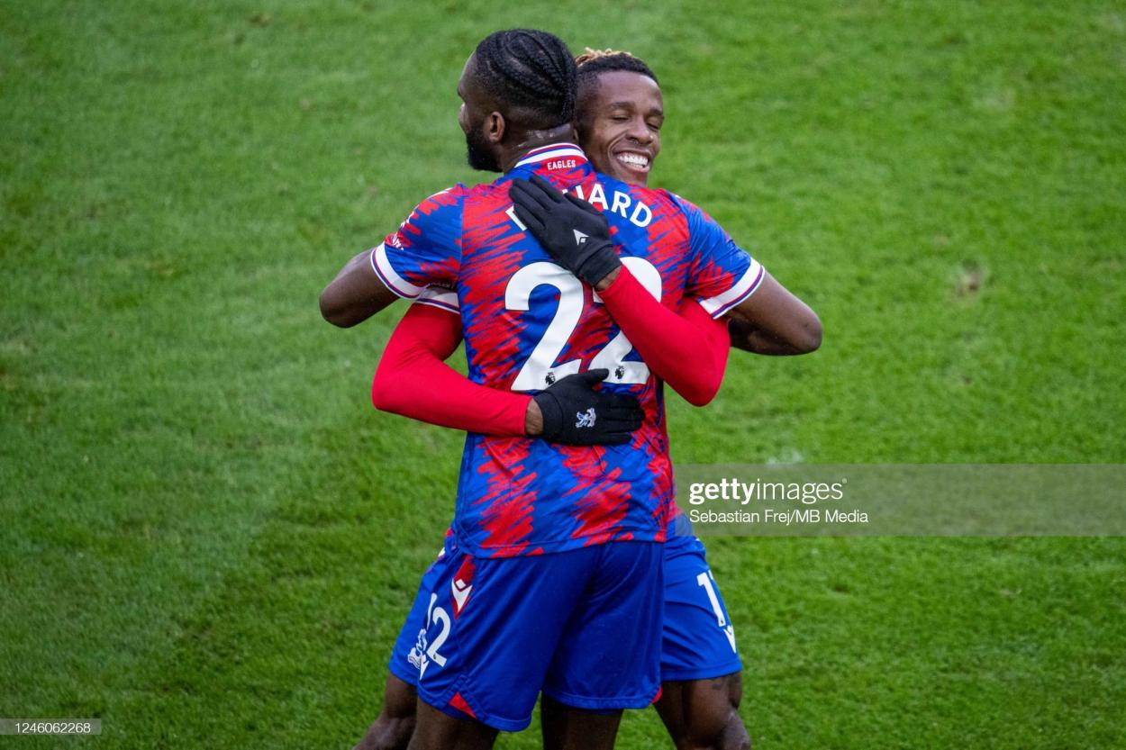 Wilfried Zaha and Odsonne Edouard celebrating against Southampton. (Photo by Sebastian Frej/MB Media/Getty Images)