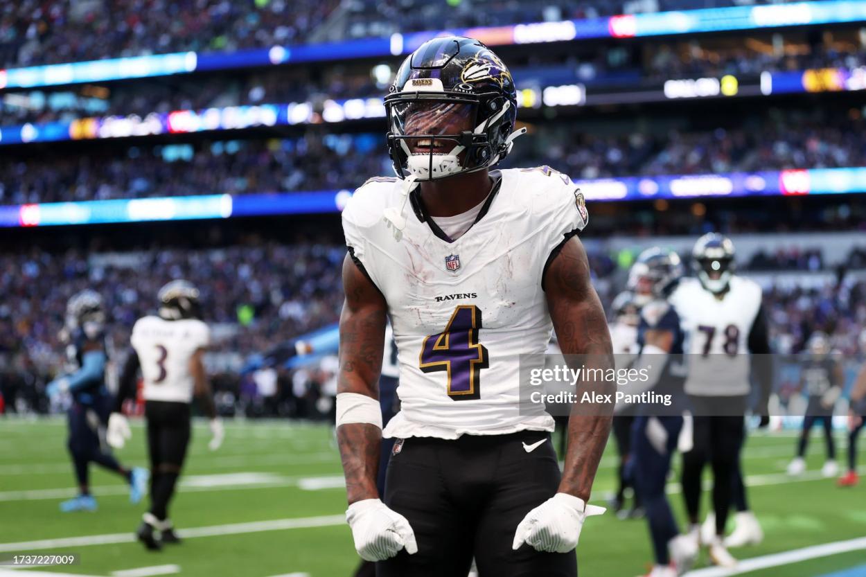 Zay Flowers #4 of the <strong><a  data-cke-saved-href='https://www.vavel.com/en-us/nfl/2020/12/14/1051361-baltimore-ravens-vs-cleveland-browns-preview.html' href='https://www.vavel.com/en-us/nfl/2020/12/14/1051361-baltimore-ravens-vs-cleveland-browns-preview.html'>Baltimore Ravens</a></strong> celebrates a 10 yard touchdown in the second quarter during the 2023 NFL London Games match between <strong><a  data-cke-saved-href='https://www.vavel.com/en-us/nfl/2020/12/14/1051361-baltimore-ravens-vs-cleveland-browns-preview.html' href='https://www.vavel.com/en-us/nfl/2020/12/14/1051361-baltimore-ravens-vs-cleveland-browns-preview.html'>Baltimore Ravens</a></strong> and <strong><a  data-cke-saved-href='https://www.vavel.com/en-us/nfl/2021/10/03/1088111-tennessee-titans-at-new-york-jets-preview-jets-look-for-first-victory-of-the-season-against-henryco.html' href='https://www.vavel.com/en-us/nfl/2021/10/03/1088111-tennessee-titans-at-new-york-jets-preview-jets-look-for-first-victory-of-the-season-against-henryco.html'>Tennessee Titans</a></strong> at Tottenham Hotspur Stadium on October 15, 2023 in London, England. (Photo by Alex Pantling/Getty Images)