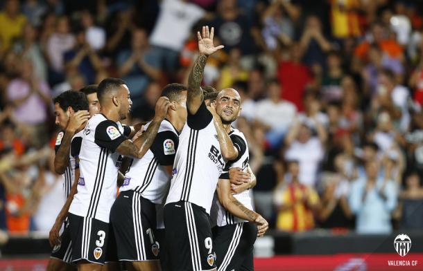 El Valencia celebra el tanto de la victoria frente a la UD Las Palmas | Fuente: valenciacf.com