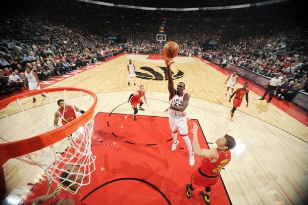 TORONTO, CANADA - DECEMBER 3: Pascal Siakam #43 of the Toronto Raptors shoots the ball against the Atlanta Hawks during the game on December 3, 2016 at the Air Canada Centre in Toronto, Ontario, Canada. Photo Credit: Ron Turenne/NBAE via Getty Images
