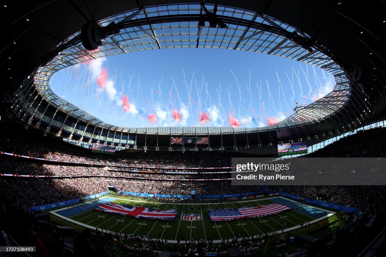 General view inside the stadium prior to the 2023 NFL London Games match between Baltimore Ravens and Tennessee Titans at Tottenham Hotspur Stadium on October 15, 2023 in London, England. (Photo by Ryan Pierse/Getty Images)