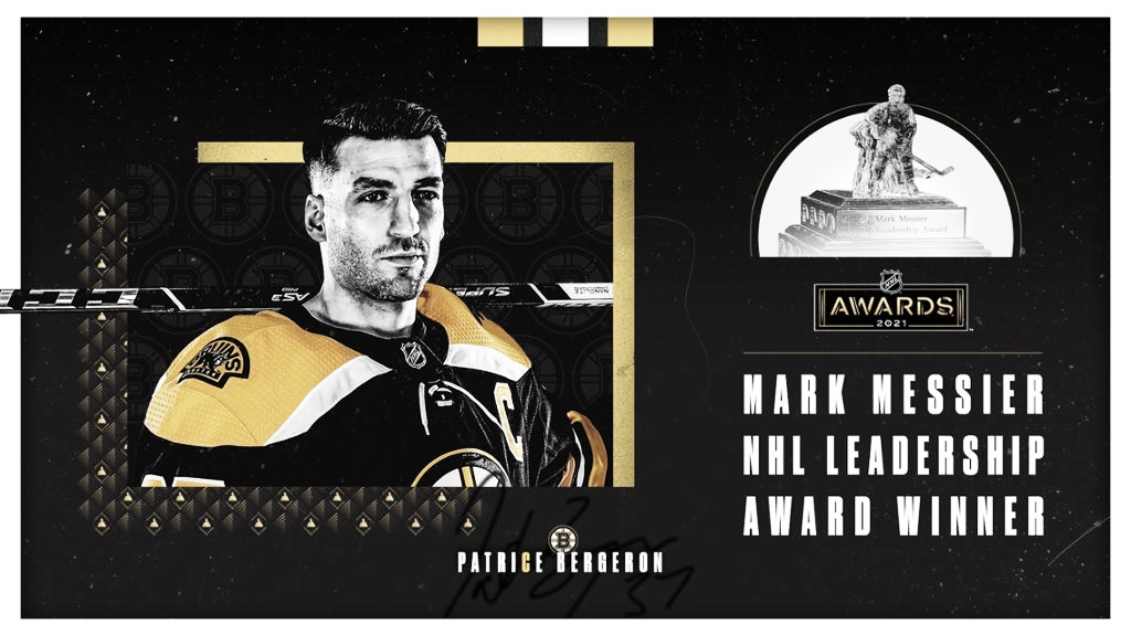 Patrice
Bergeron recibe el premio 2021 Mark Messier NHL Leadership Award