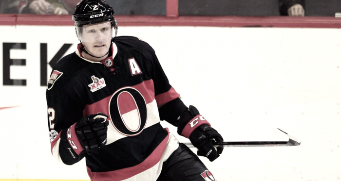 Dion Phaneuf was traded from the Ottawa Senators to the L.A. Kings mid-game (CP/Adrian Wyld)