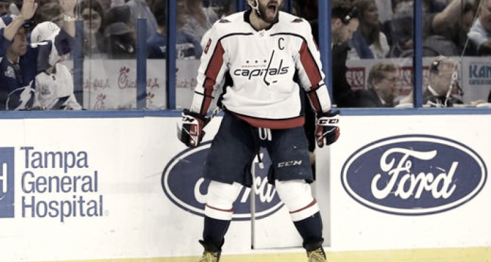Ovechkin celebrates his first period goal as the curse is finally broken (Kim Klement, USA Today Sports)