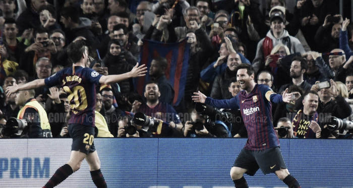 Leo Messi y Sergi Roberto celebrando uno de los goles conseguidos ante el Manchester United Football Club de Ole Gunnar Solskjær | Foto de Noelia Déniz, VAVEL