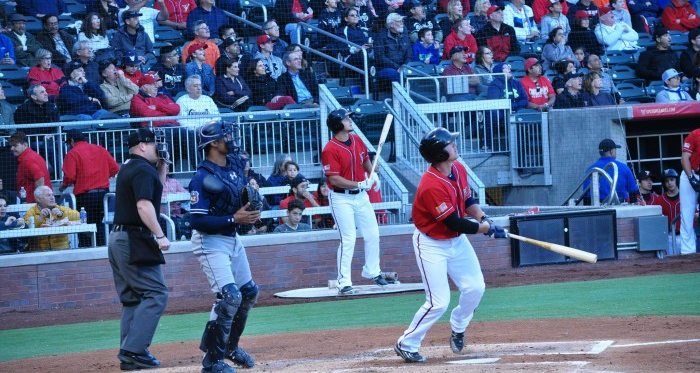 Hunter Renfroe stares at his first home run at the game, giving the Chihuahuas an early 2-0 lead. By Jorge Camargo