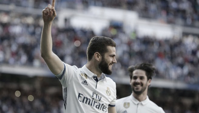 Nacho celebrando un gol con el Madrid. Fuente: EFE