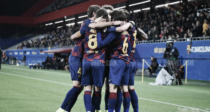 Los jugadores del Barça B celebrando un gol. FOTO: Noelia Déniz