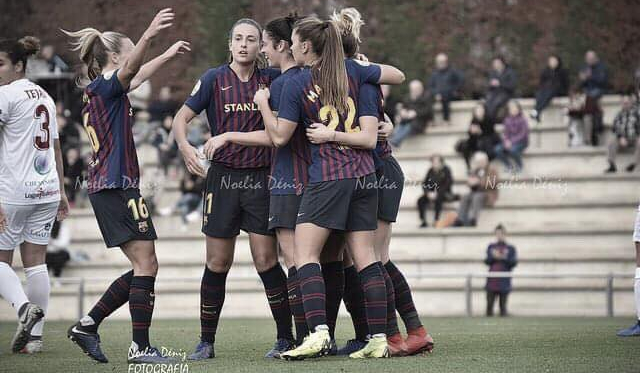 Las azulgranas celebrando un gol | Foto de Noelia Déniz, VAVEL