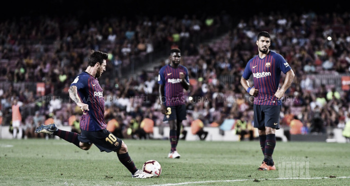 Leo Messi, Luis Suárez y Samuel Umtiti en el duelo disputado ante el Deportivo Alavés en el Camp Nou esta temporada | Foto de Tomás Rubia, VAVEL