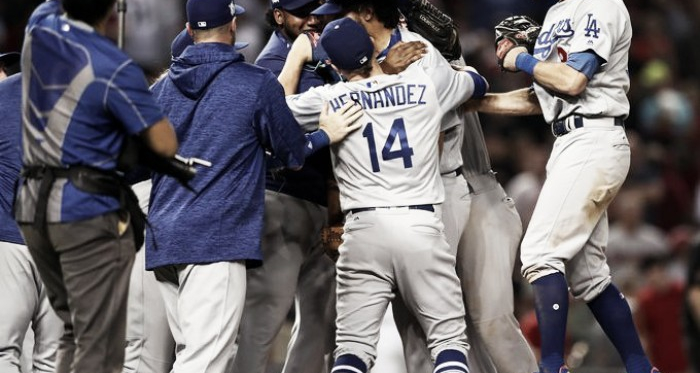 NLDS Game 3: Dodgers atDiamondbacks - The Los Angeles Dodgers celebrate their victory against theArizona Diamondbacks. |Source – Mark Rebilas/USA TODAYSports|