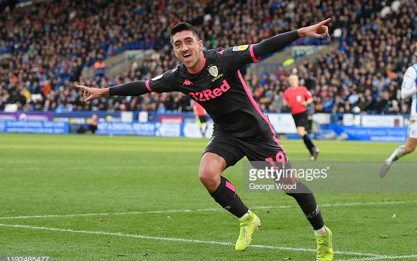 HUDDERSFIELD, ENGLAND - DECEMBER 07: Pablo Hernandez of Leeds United celebrates after scoring his sides second goal during the Sky Bet Championship match between Huddersfield Town and Leeds United at John Smith's Stadium on December 07, 2019 in Huddersfield, England. (Photo by George Wood/Getty Images)