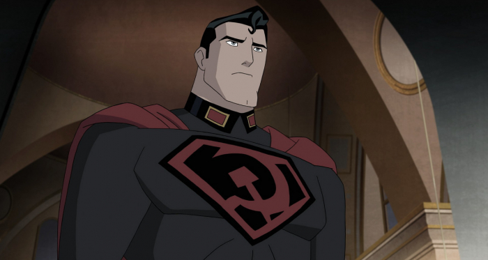 Primera imagen de la cinta en que DC adaptará la historia del ‘Hijo Rojo’. En lugar de la S, en el pecho del superhéroe se observa el logo de la Unión Soviética. ImagenCortesía de TVInsider
