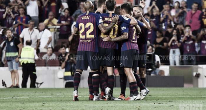 Celebración de un gol en el Camp Nou | Foto de Noelia Déniz, VAVEL