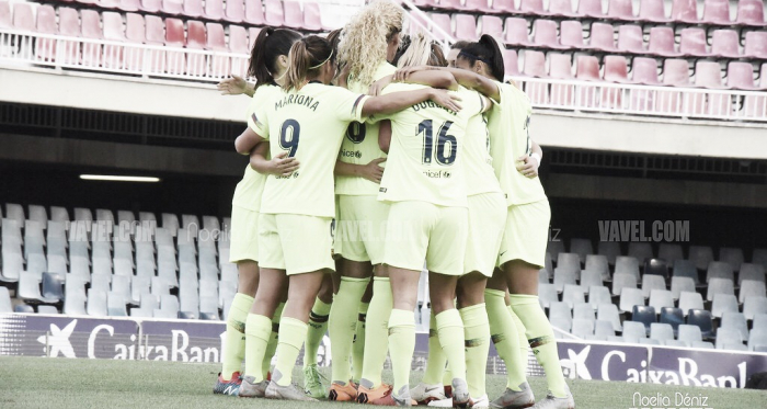 Las azulgranas celebrando un gol ante el BIIK Kazygurt en los dieciseisavos de final de la UEFA Women's Champions League 2018/19 | Foto de Noelia Déniz, VAVEL