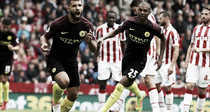 Sergio Aguero celebrates scoring his first goal from the penalty spot. Photo: The Independent.