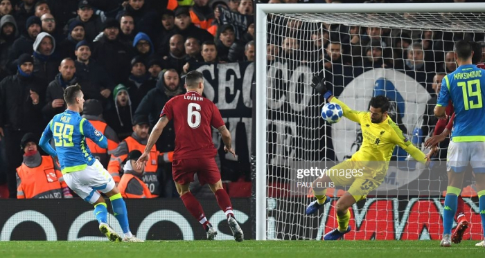 Alisson's most vital contribution for Liverpool this season arrived in added time against Napoli in the Champions League at Anfield (Getty Images)
