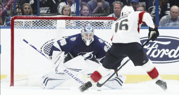 Aleksander Barkov goes toe-to-toe with Andrei Vasilevskiy. | Photo: Tampa Bay Times Forum