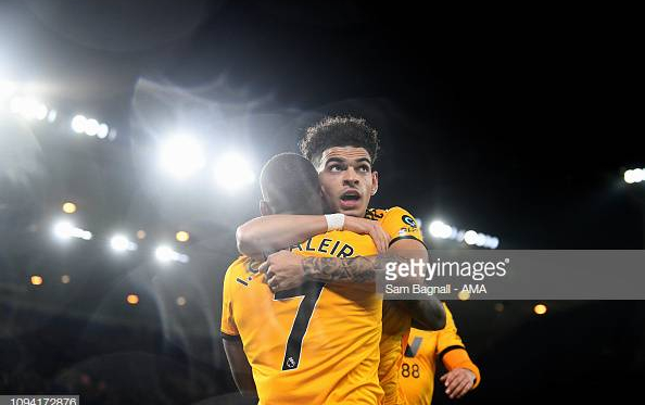 Ivan Cavaleiro of Wolverhampton Wanderers celebrates after scoring a goal to make it 3-2 during the FA Cup Fourth Round Replay match between Wolverhampton Wanderers and Shrewsbury Town at Molineux on February 5, 2019 in Wolverhampton, United Kingdom. (Photo by Sam Bagnall - AMA/Getty Images)