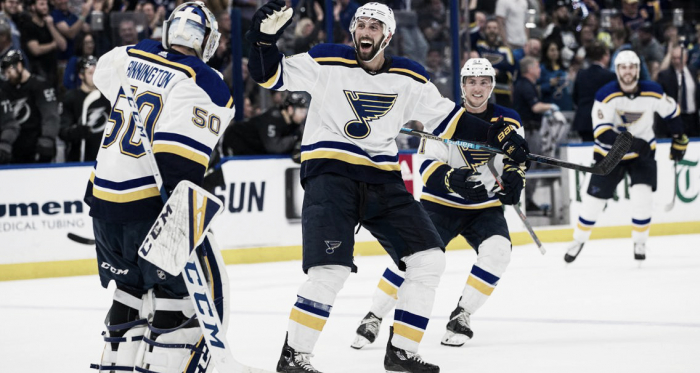Los St. Louis Blues celebrando una victoria esta temporada | Foto: NHL.com