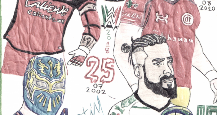 El póker de mexicanos han figurado en WWE desde su debut y aunque algunos ya no militen en esa empresa, siguen apoyando a los clubs de la Liga Mx. (Ilustración: Martín Bernal Montoya)