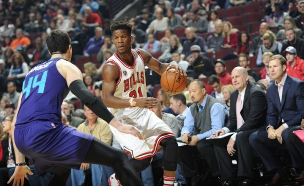 Jimmy Butler guarded by Frank Kaminsky. Bill Smith/Chicago Bulls