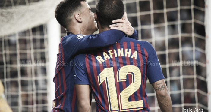 Coutinho y Rafinha celebrando su gol ante el Inter | Foto: Noelia Déniz (Vavel)