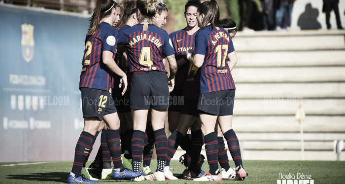 Las jugadoras del Barcelona celebrando un gol en la pasada jornada | Foto: Noelia Déniz (VAVEL)