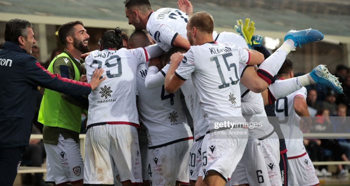 Cagliari players celebrate Oliva's goal. Getty Images/Emilo Andreoli