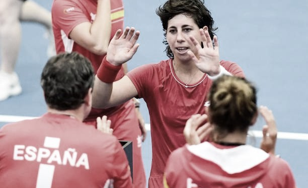 Carla Suárez celebra una victoria con el equipo español de Copa Federación este fin de semana. Foto: getttyimages.es