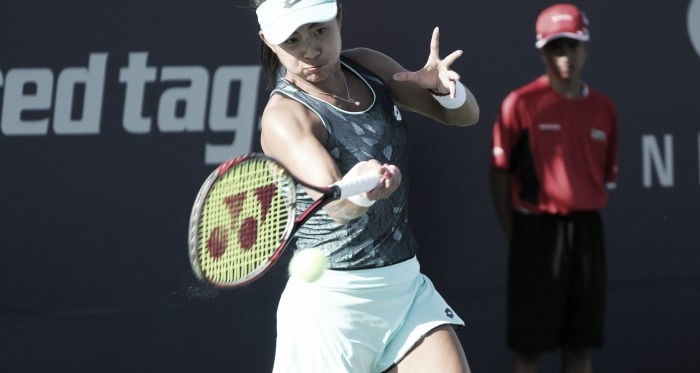 Carol Zhao, the only Canadian to make it past the first round of qualifying on Saturday, hits a forehand during her win over Veronica Cepede Royg at the 2017 Rogers Cup presented by National Bank. | Photo: Max Gao