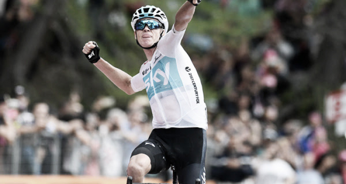 Chris Froome trionfa sul traguardo di Bardonecchia/Jafferau. Foto Credit: LaPresse - D'Alberto / Ferrari / Paolone / Alpozzi