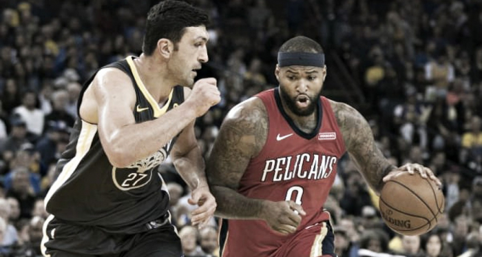New Orleans Pelicans center DeMarcus Cousins (0) dribbles the basketball against Golden State Warriors center Zaza Pachulia (27) during the third quarter at Oracle Arena. |Kyle Terada-USA TODAY Sports|