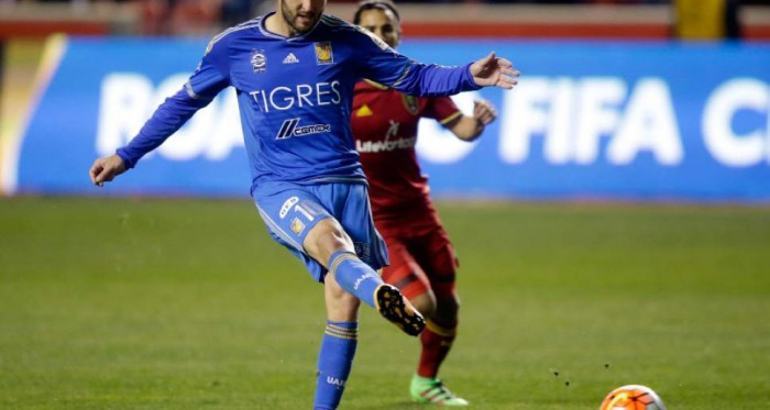 Tigres U.A.N.L forward André-Pierre Gignac scoring the late goal that equalized the match 1-1 on Wednesday at Rio Tinto Stadium, and eliminated Real Salt Lake from the CONCACAF Champions League. Photo provided by Rick Bowmer-Associated Press.