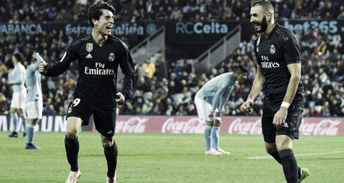 Odriozola y Benzema, felices celebrando uno de los goles del francés I Foto: Real Madrid