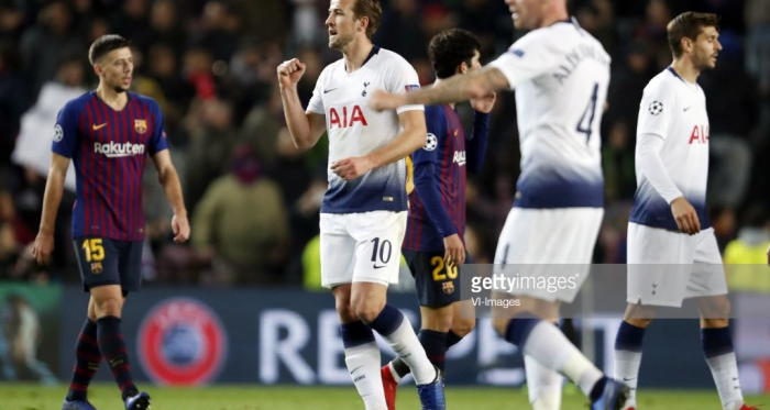 The Spurs players celebrate at the full-time whistle after advancing to the last 16 of the Uefa Champions League (Photo Source: VI - Images / Getty Images)